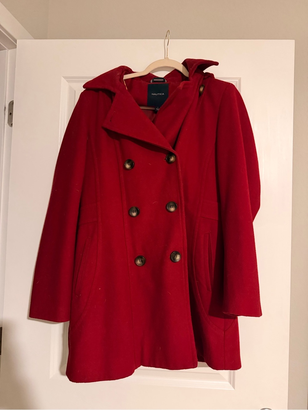 Nautica Red Double-Breasted Hooded Peacoat